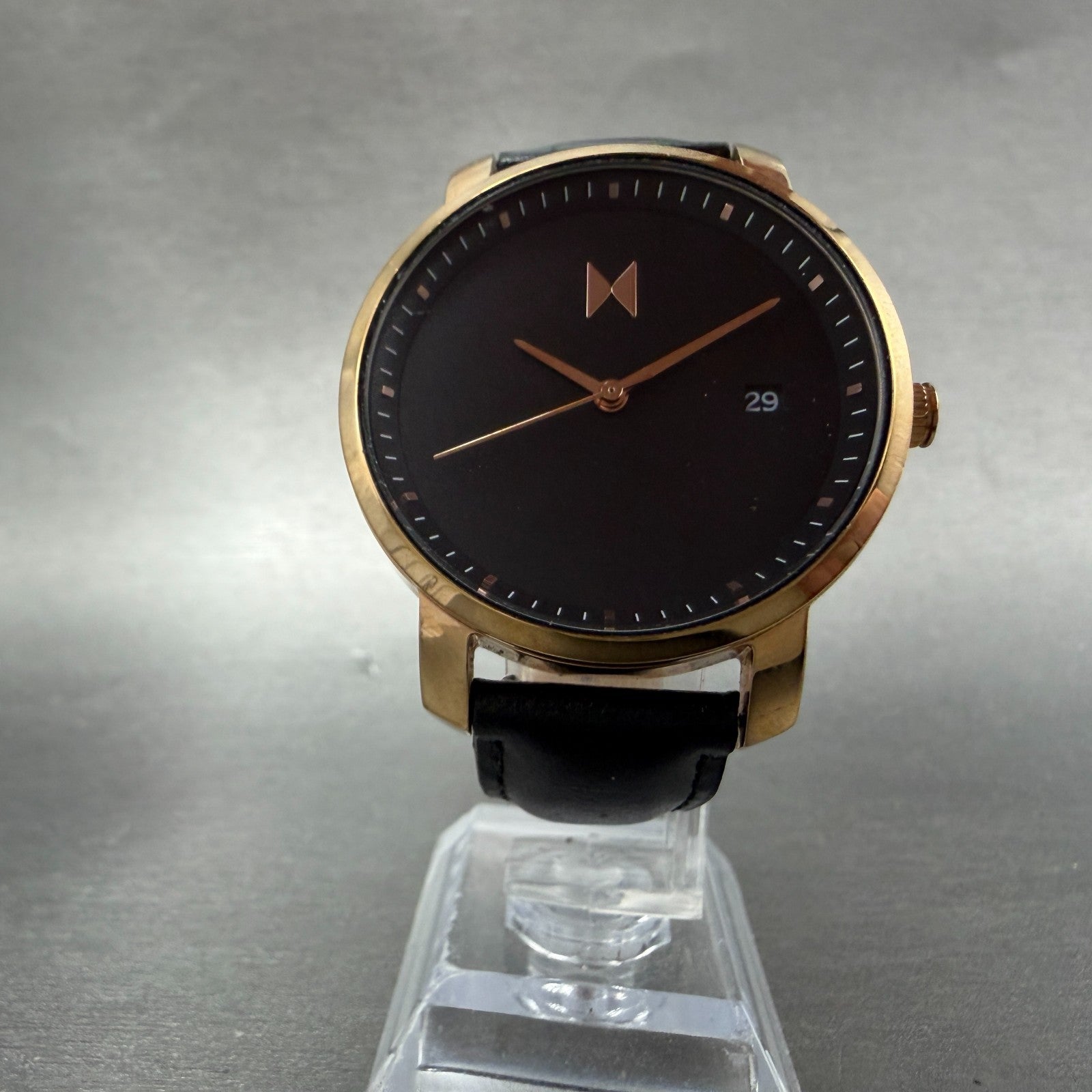 MVMT Boulevard Watch Women 38mm Black Dial Rose Gold Tone Date Leather New BattA5