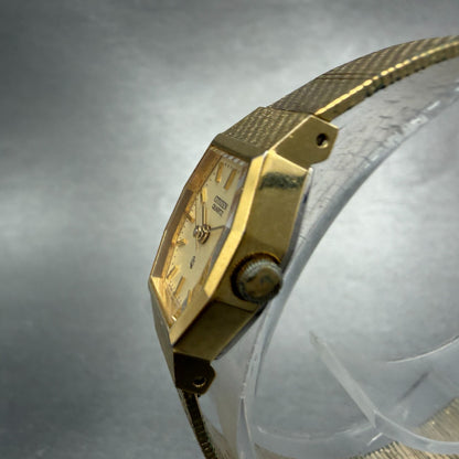 Citizen CQ Watch Women 17mm Champagne Dial Gold Tone Octagon 4-103041 NewBattery2