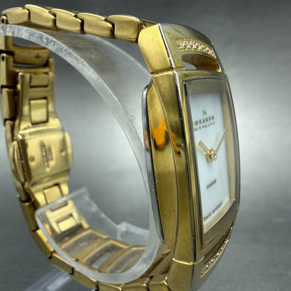 Skagen Tank Watch Women 21mm MOP Dial Gold Tone Diamond Bezel New Battery3