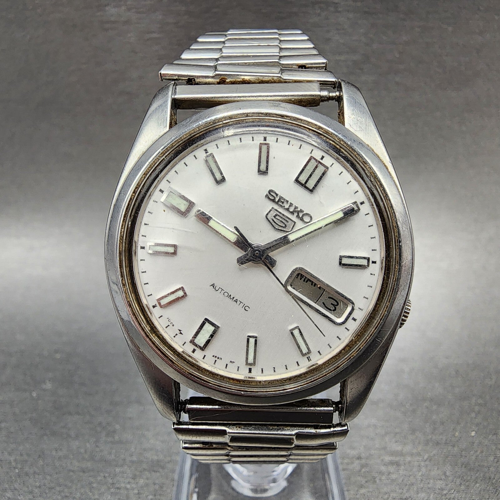 Seiko 5 Automatic Watch Men 37mm White Dial Steel Daydate 7009821A PARTS0