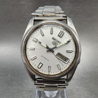 Seiko 5 Automatic Watch Men 37mm White Dial Steel Daydate 7009821A PARTS0