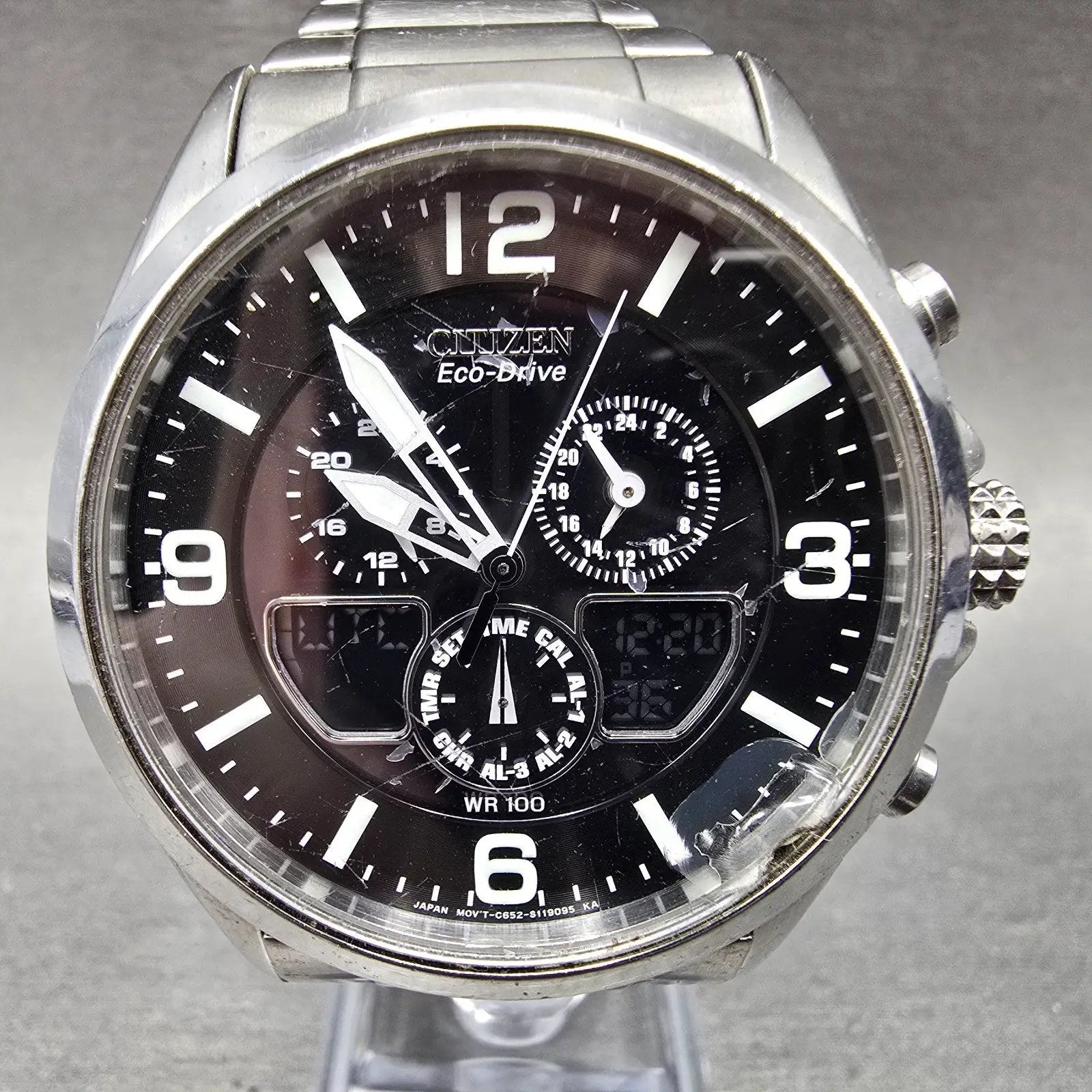 Citizen Eco-Drive Watch Men 43mm Black Dial Steel Ana Digi C652-S082072 Runs0