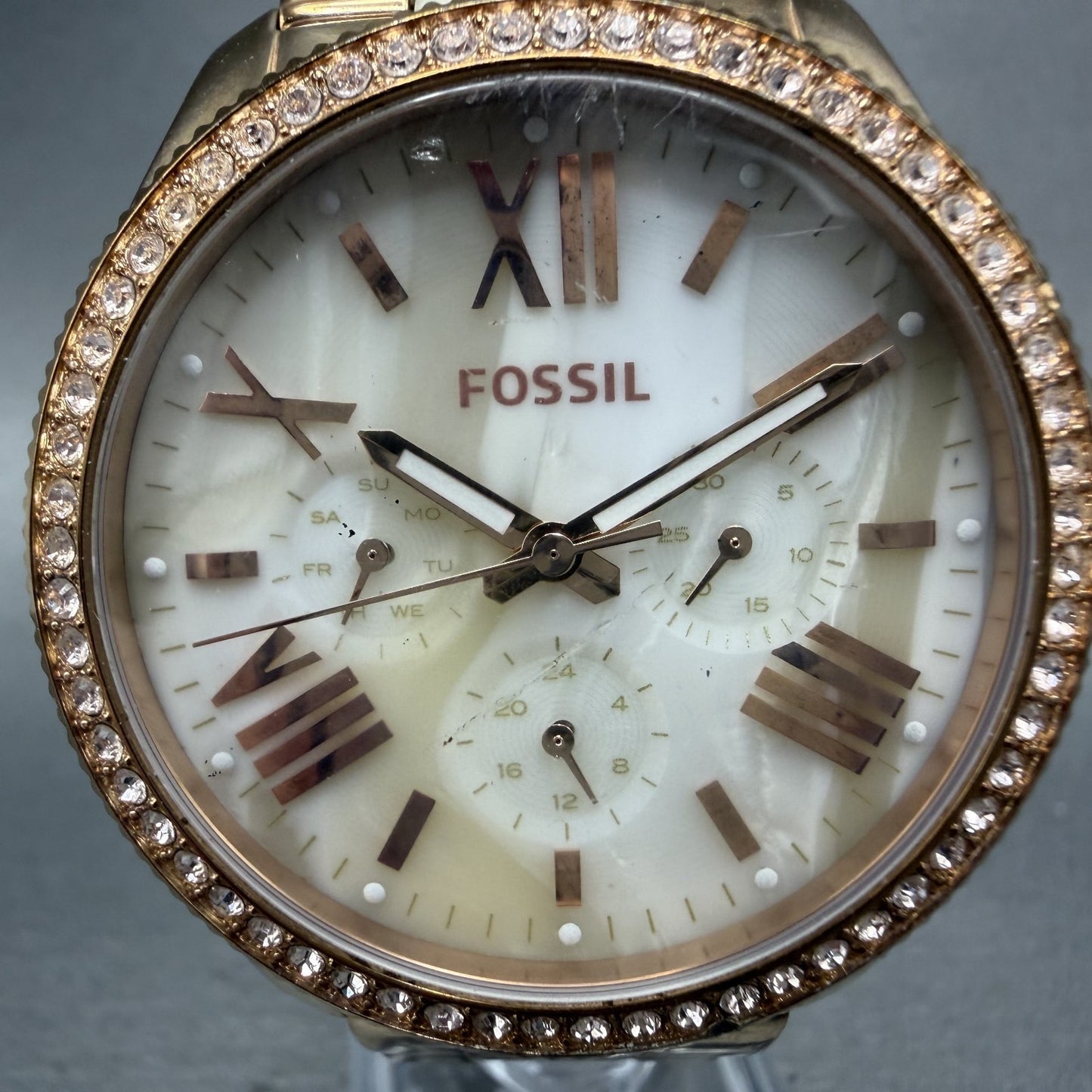 Fossil Cecile Watch Women 41mm White Dial Rose Gold Tone Daydate Round New Batt1