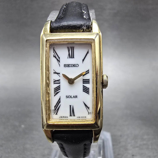 Seiko Solar Tank Watch Women 15mm White Dial Gold Tone Rectangle V116-0AA0 Works0