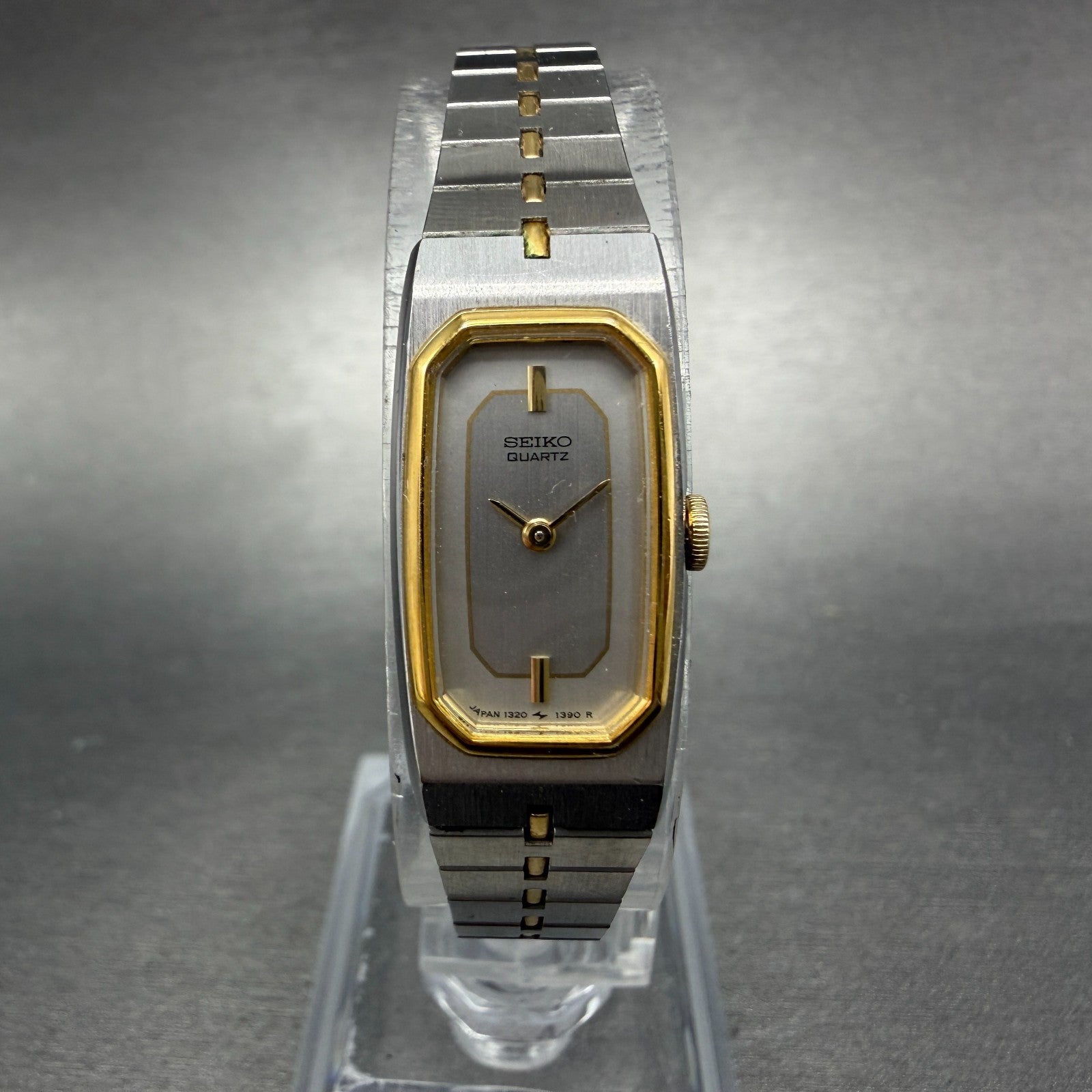 Seiko Tank Watch Women 14mm Silver Dial Two Tone 1320-6029 Rectangle New Batt HJ0