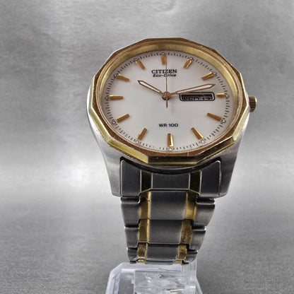 Citizen Eco-Drive Watch Men 37mm White Dial Two Tone Dayedate E101-S053439 Runs5