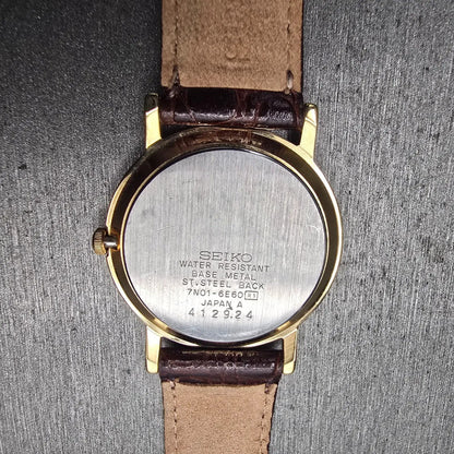 Seiko Watch Men 31mm Gold Dial Gold Tone Round 7N01-6E60 New Battery Vintage10