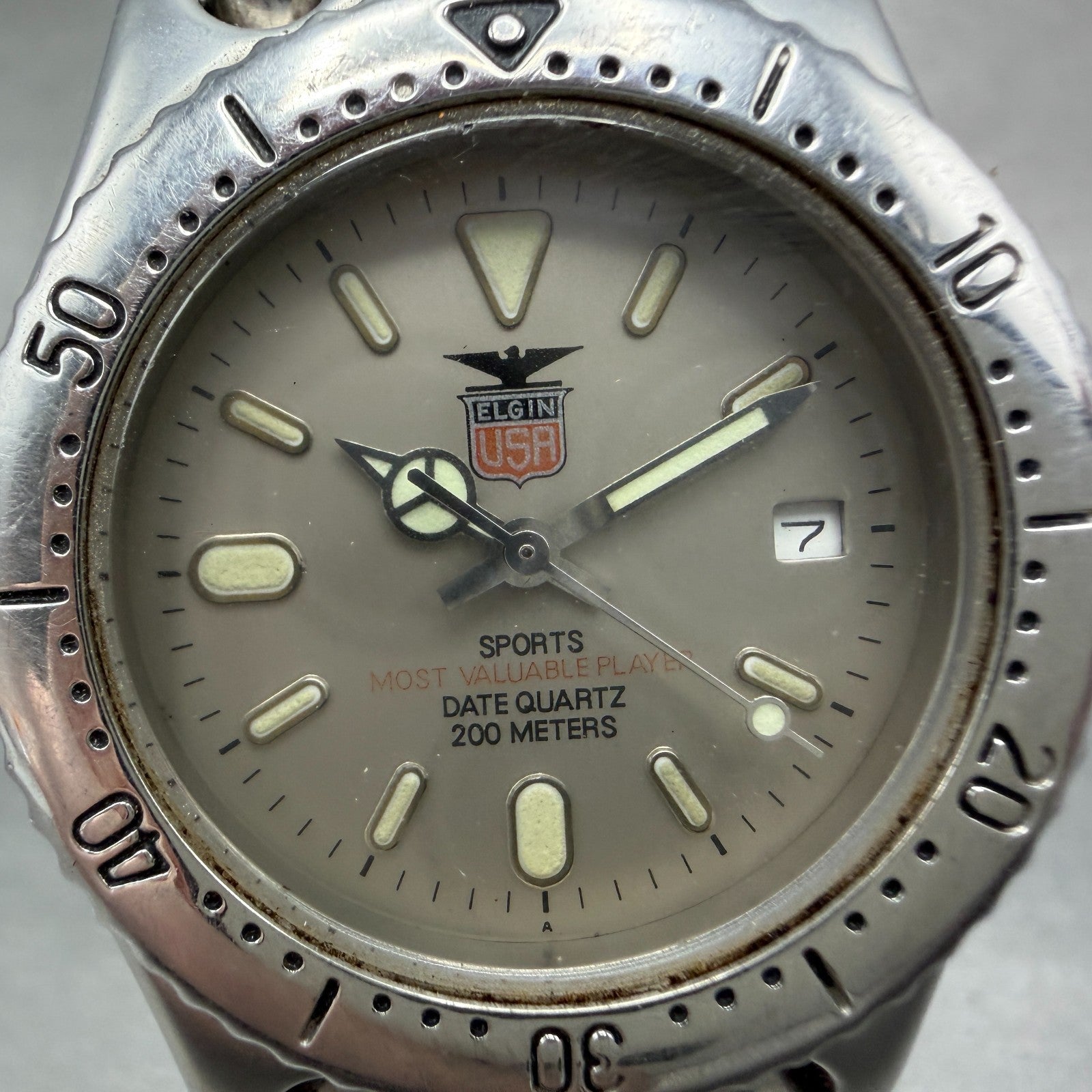 Elgin Dive Watch Men 36mm Silver Dial Silver Tone Date READ!! FK-376 New Battery1