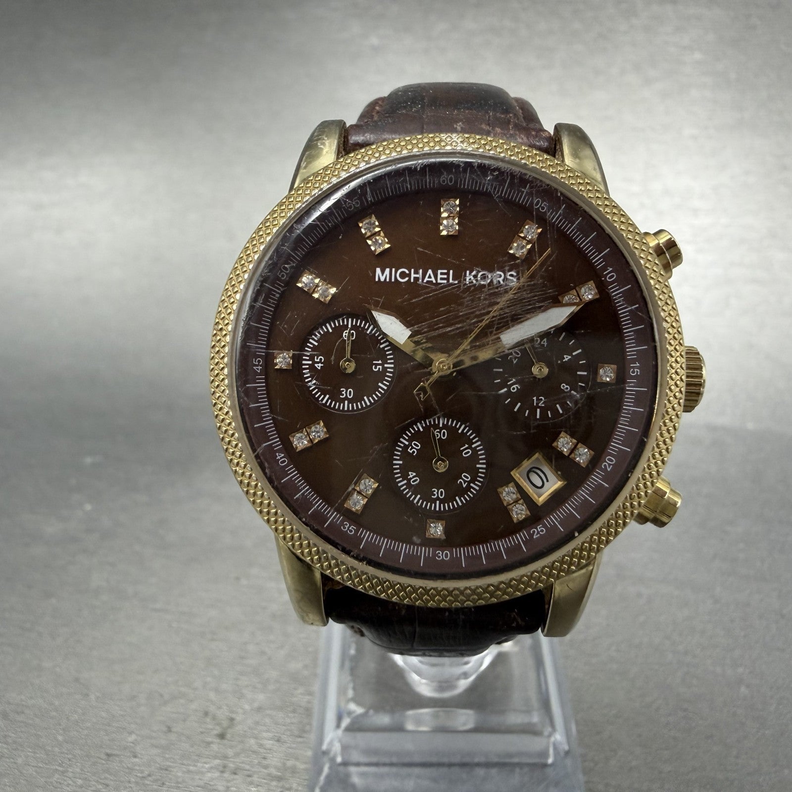 Michael kors Chrono Watch Women 36mm Brown MOP Dial Gold Tone Date New Battery0