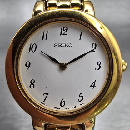 Seiko Watch Women 24mm White Dial Gold Tone Round 1N00-1E19 New Battery Vintage1