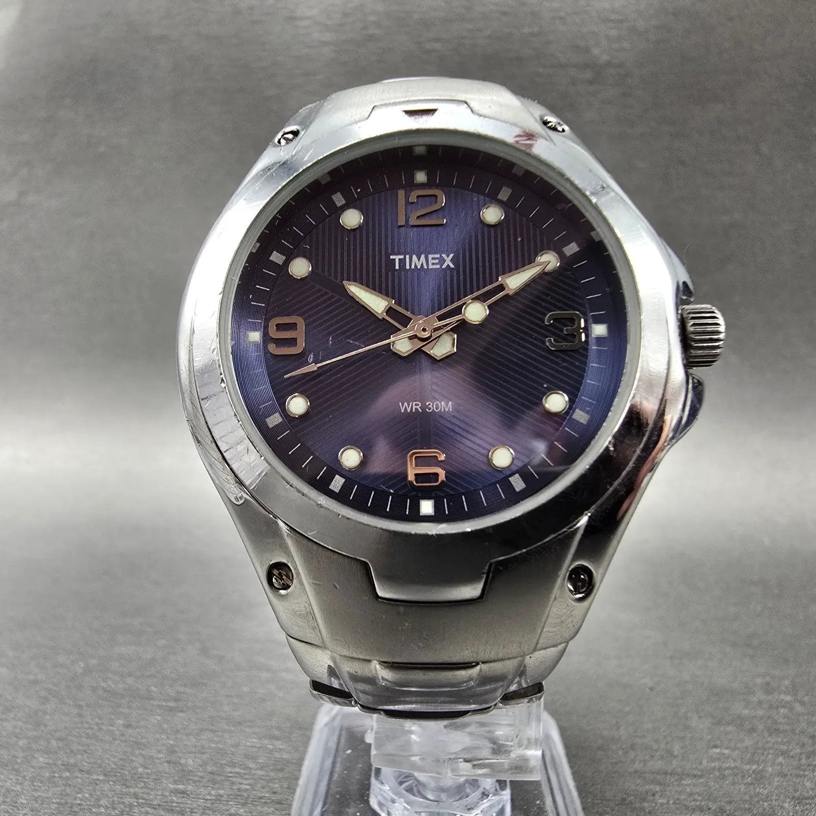 Timex Watch Men 40mm Blue Dial Silver Tone Round Bracelet New Battery5