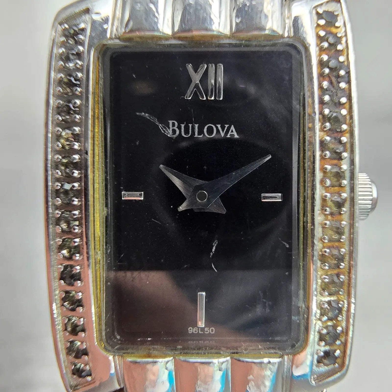 Bulova Watch Women 17mm Black Dial Silver Tone Gemmed Rectangle New Battery VTG1
