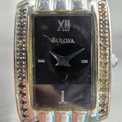 Bulova Watch Women 17mm Black Dial Silver Tone Gemmed Rectangle New Battery VTG1