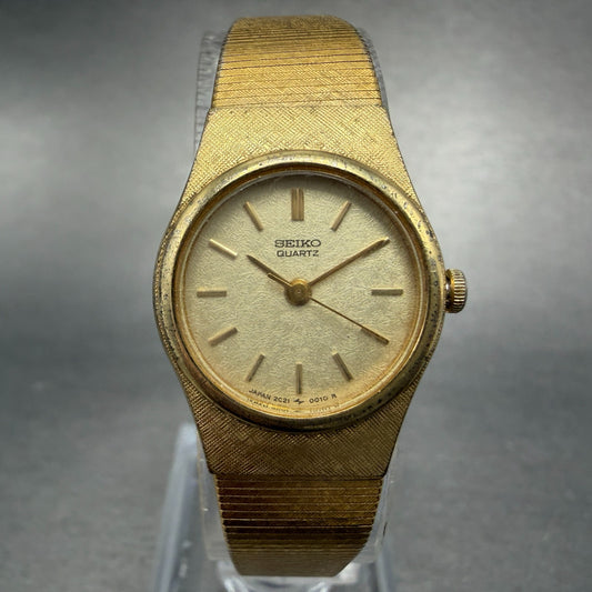 Seiko Watch Women 20mm Champagne Dial Gold Tone Round 2c21-0010 New Battery JUG80