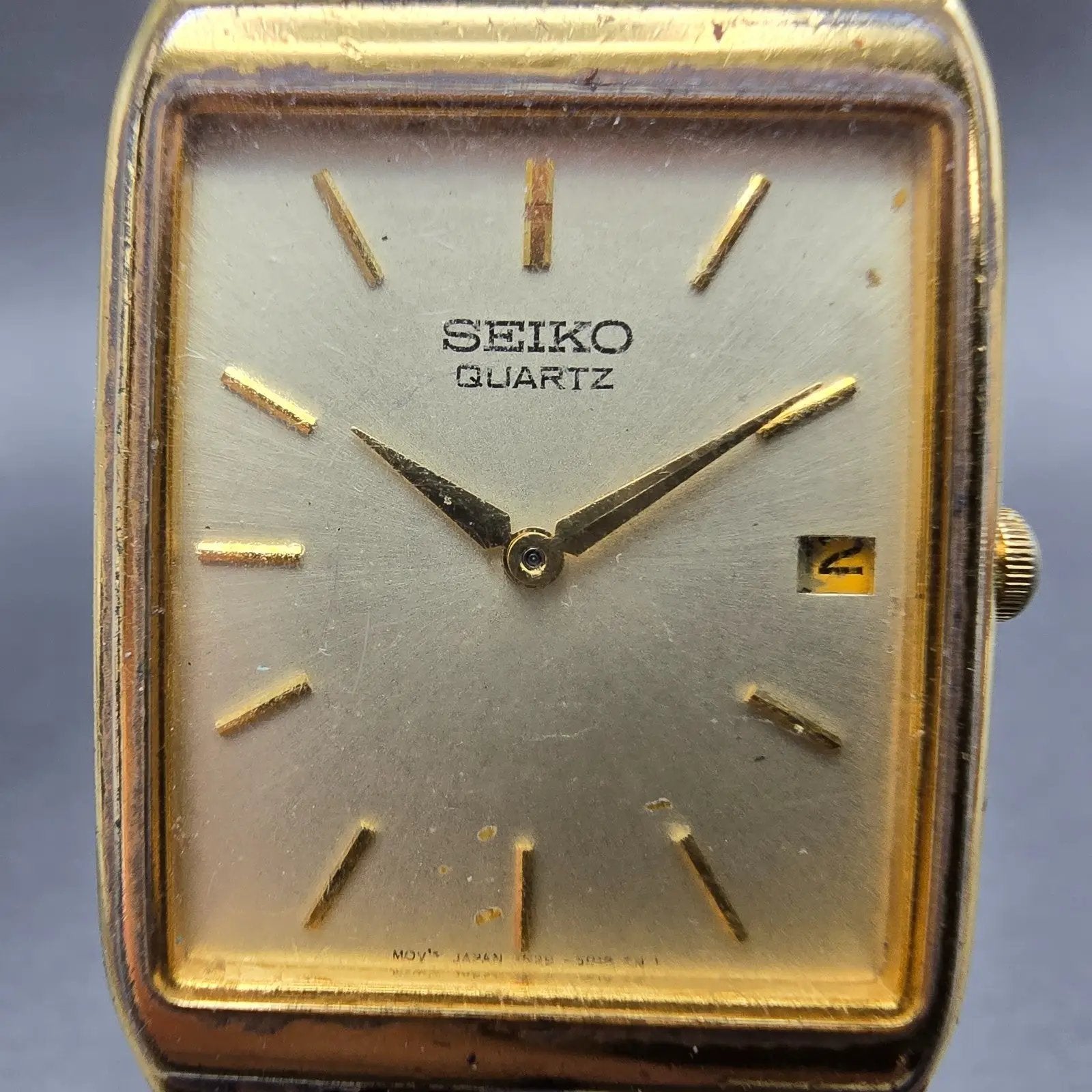 Seiko Watch Men 27mm Champagne Dial Gold Tone Date Rectangle 7N29-5B29 PARTS2