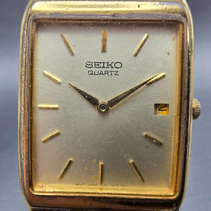 Seiko Watch Men 27mm Champagne Dial Gold Tone Date Rectangle 7N29-5B29 PARTS2