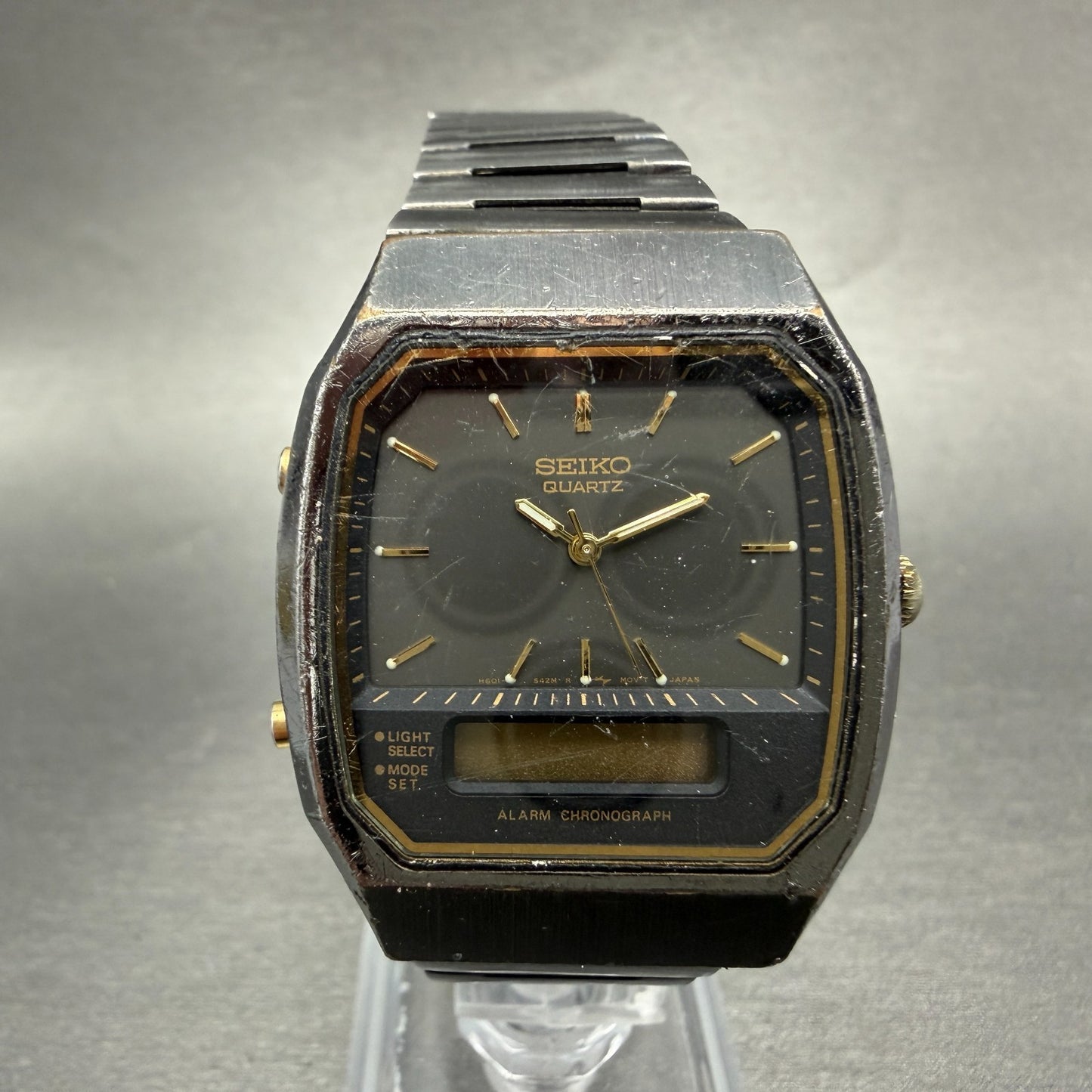 Seiko Analog Digital Watch Men 33mm Gray Dial Steel Rectangle H601-5479 PARTS!!!0