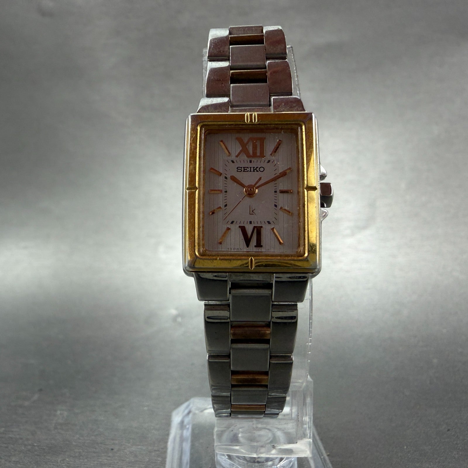 Seiko Solar Tank Watch Women 18mm White Dial Two Tone Rectangle Lukia Runs JN75