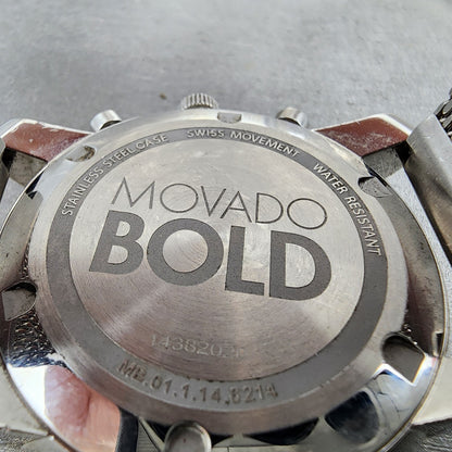 Movado Bold Chronograph Watch Men 44mm Silver Dial Steel Daydate Round New batt9