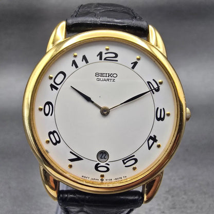 Seiko Watch Men 33mm White Dial Gold Tone Date Round 5Y39-8059 New Battery VTG1