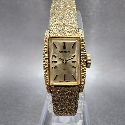 Seiko Tank Watch Women 15mm Champagne Dial Gold Plated Rectangle Manual Runs0