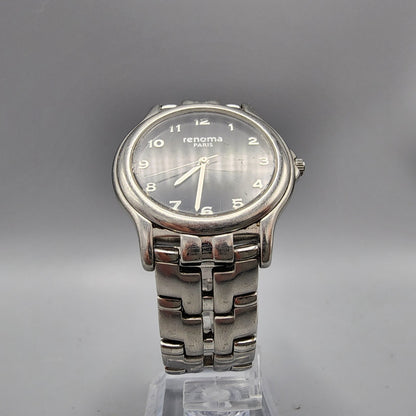 Vintage Renoma Watch Men Silver Tone Black Dial 35mm Round New Battery