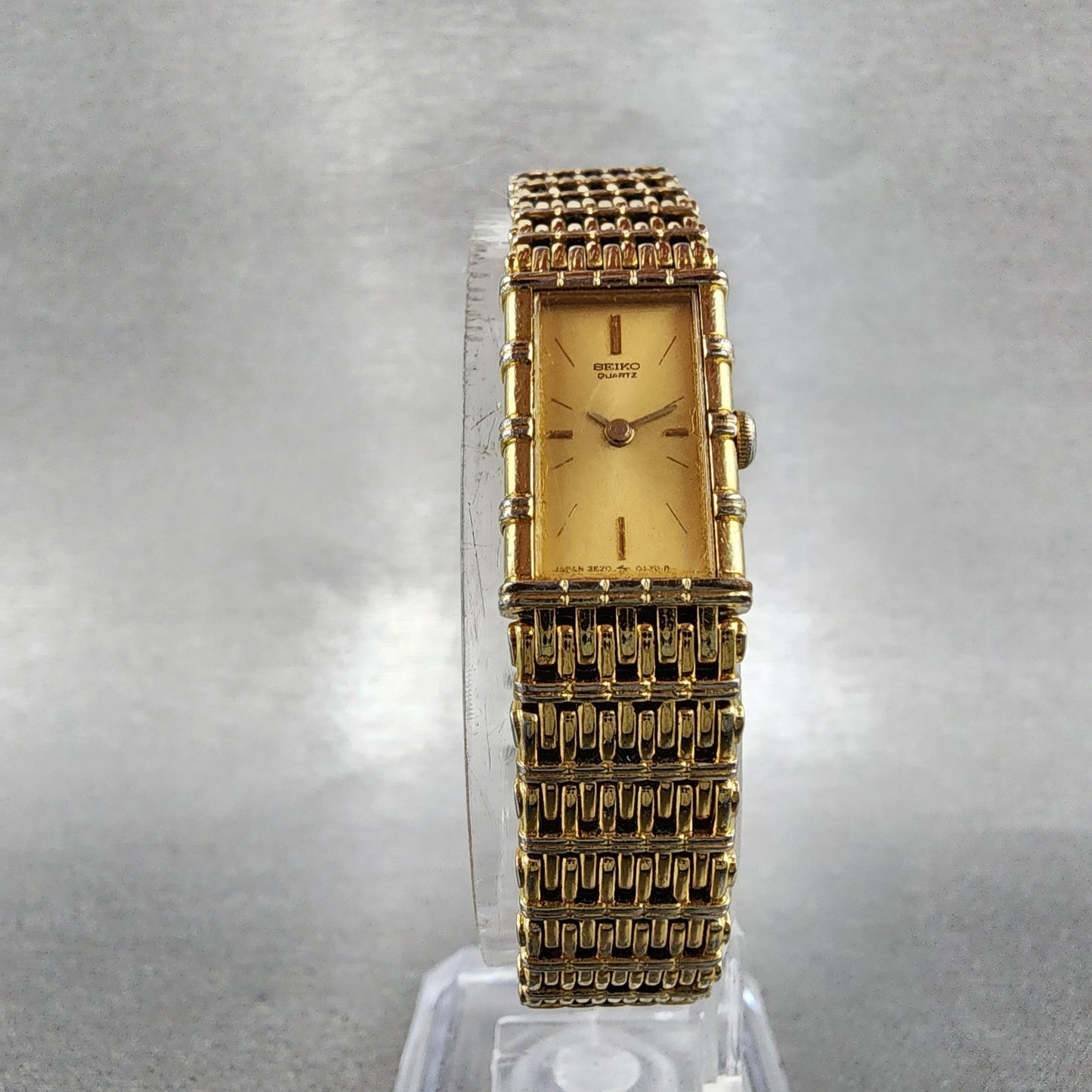Seiko Tank Watch Women 12mm Champagne Dial Gold Tone 2e20-5070 New Battery