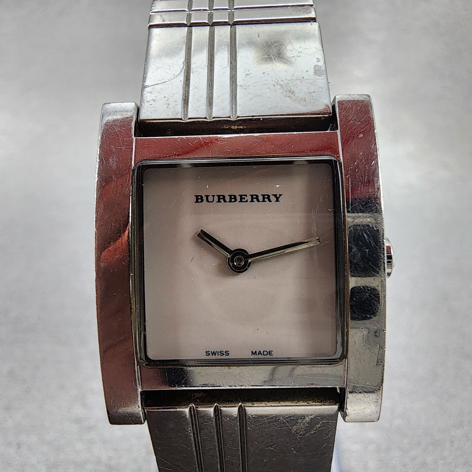 Burberry Tank Watch Women White Dial Stainless Steel Rectangle BU4303 New Batt1