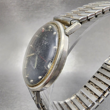 Timex Electronic Model 87 Watch Men 35mm Black Dial Silver Tone Date Round PARTS3