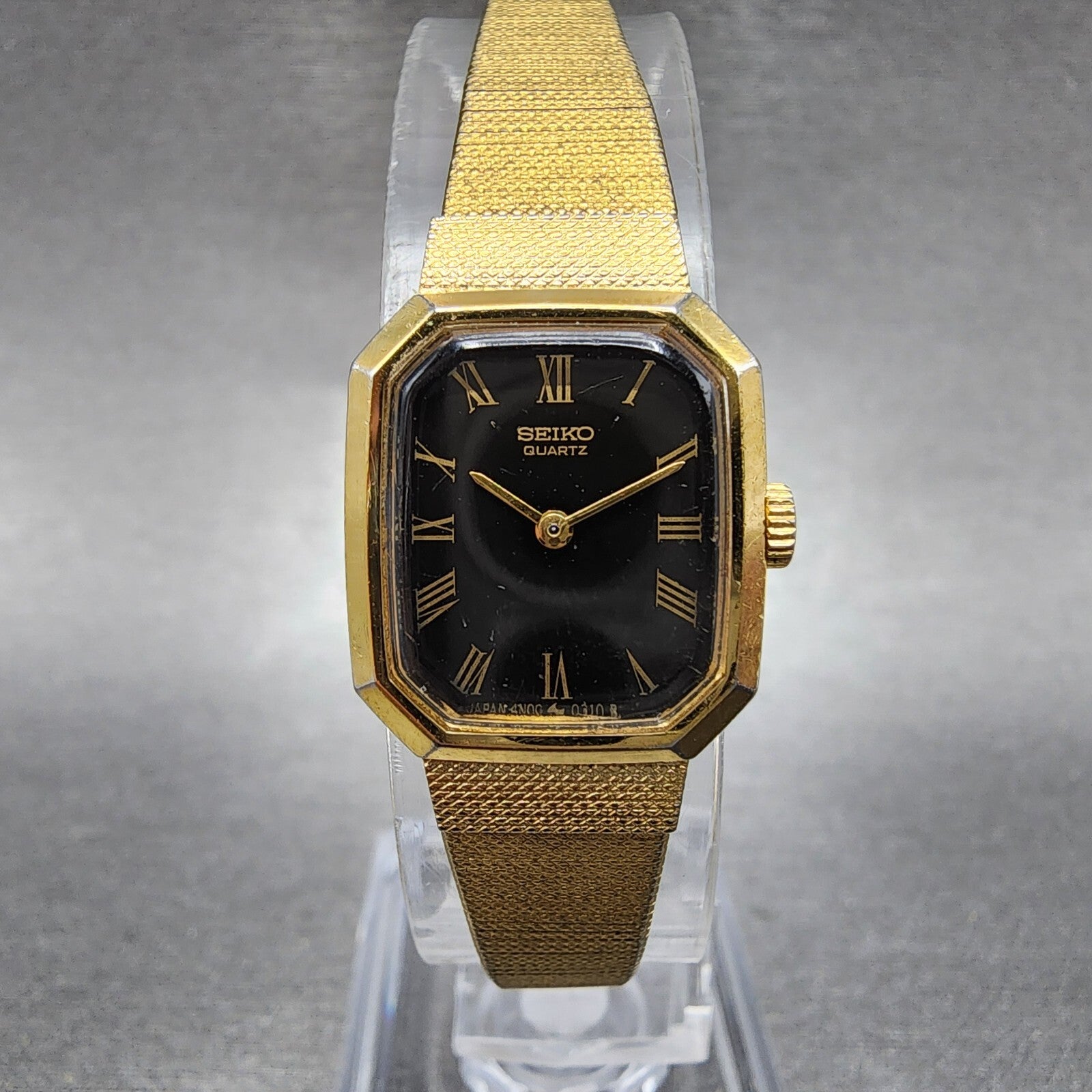 Seiko Watch Women 17mm Black Dial Gold Tone Octagon 4N005139 New Battery0