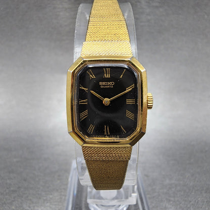 Seiko Watch Women 17mm Black Dial Gold Tone Octagon 4N005139 New Battery0