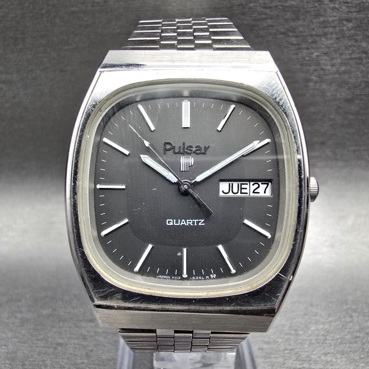 Pulsar Watch Men 33mm Gray Dial Silver Daydate Y113-5129 New Battery VTG JP0
