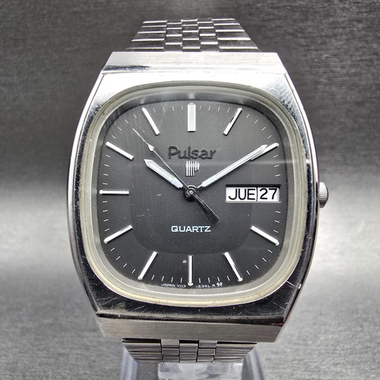 Pulsar Watch Men 33mm Gray Dial Silver Daydate Y113-5129 New Battery VTG JP0