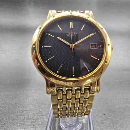 Citizen Watch Men 34mm Black Dial Gold Tone Date Round 5510-R10168 New Battery5