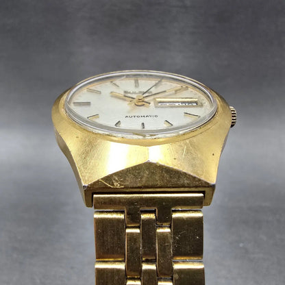 Bulova Automatic Watch Men 35mm Silver Dial Gold Tone Daydate Round N7 PARTS VTG4