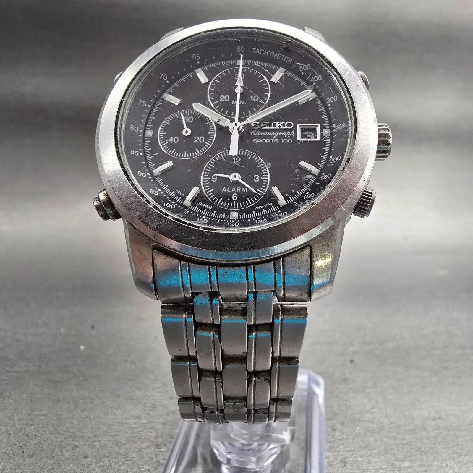 Seiko Sports 100 Chronograph Watch Men 37mm Black Dial Silver 7T32-7D89 New Batt5