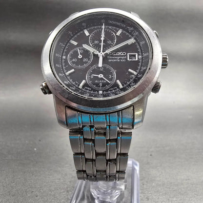 Seiko Sports 100 Chronograph Watch Men 37mm Black Dial Silver 7T32-7D89 New Batt5