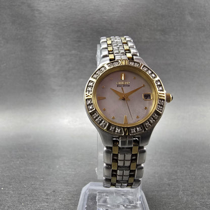 Citizen Eco-Drive Lucca Watch Women 25mm MOP Dial Two Tone Date Diamonds Runs6
