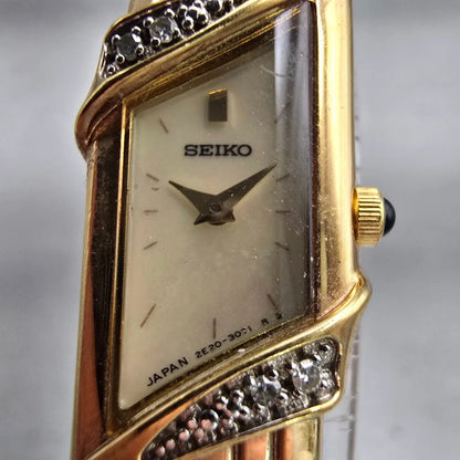 Seiko Watch Women 14mm MOP Dial Gold Tone Gemmed 2E20-7399 New Battery Vintage1