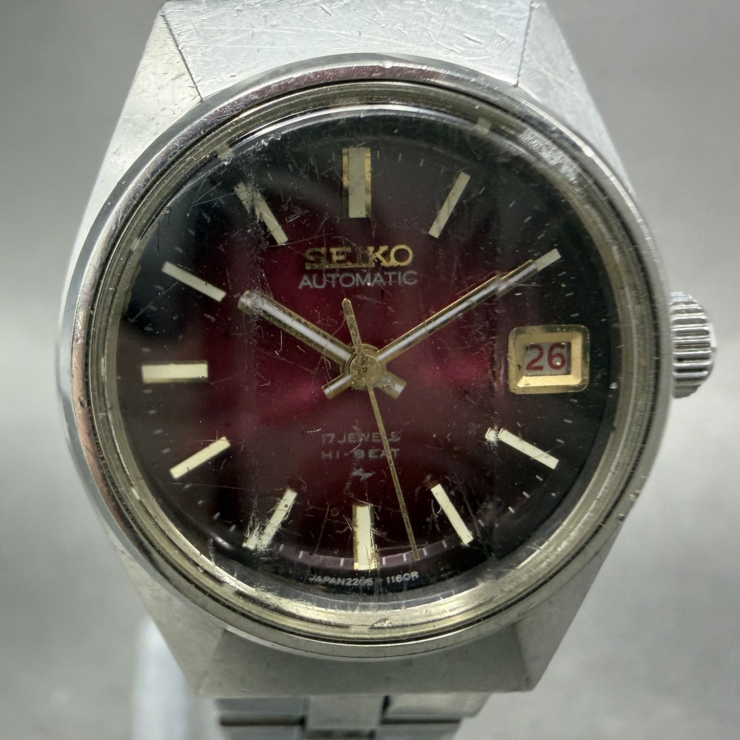 Seiko Automatic Watch Women 24mm Red Dial Silver Tone Date 2205-0679 Runs ABC1
