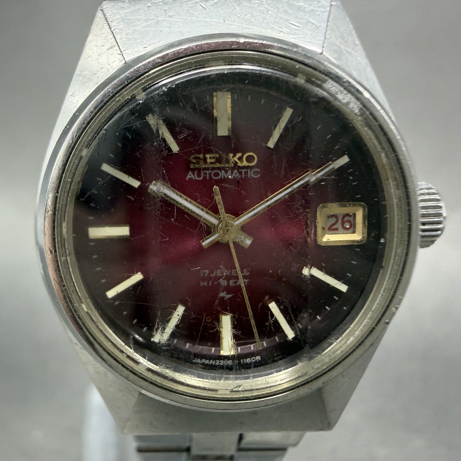 Seiko Automatic Watch Women 24mm Red Dial Silver Tone Date 2205-0679 Runs ABC1