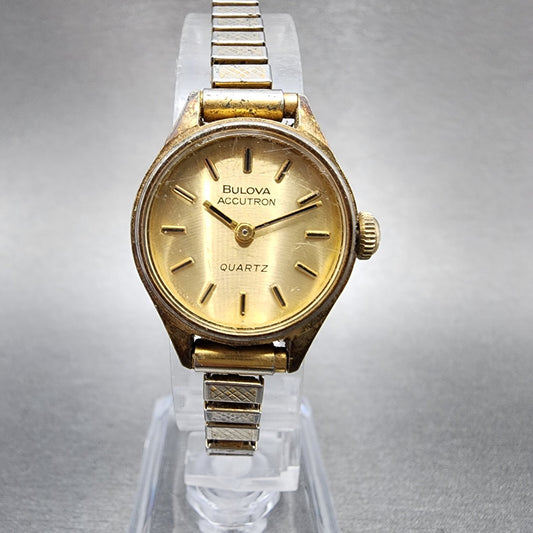 VTG Bulova Accutron Watch Women 22mm Gold Dial Gold Tone Round N8 PARTS