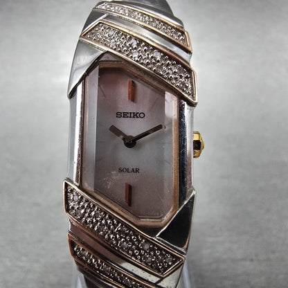 Seiko Solar Tank Watch Women 15mm MOP Dial Two Tone Rectangle V116-0AJ0 Runs1