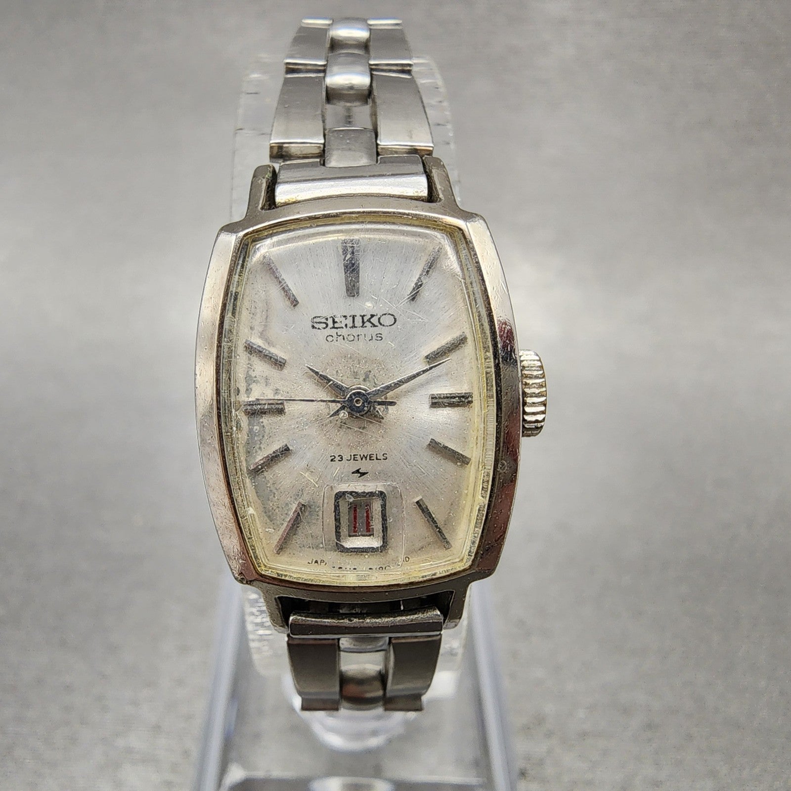 Seiko Chorus Tank Watch Women 17mm Silver Dial Silver Tone Rectangle Manual Runs0