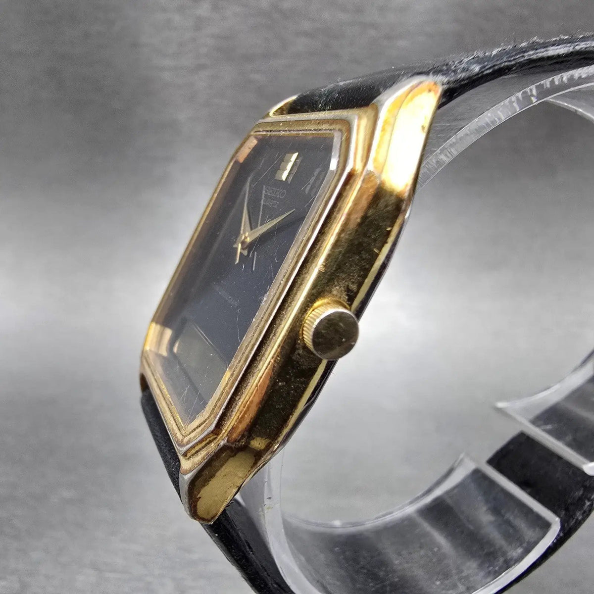 Seiko Analog Digital Watch Men 28mm Black Gold Alarm Chrono H449-5210 PARTS VTG3