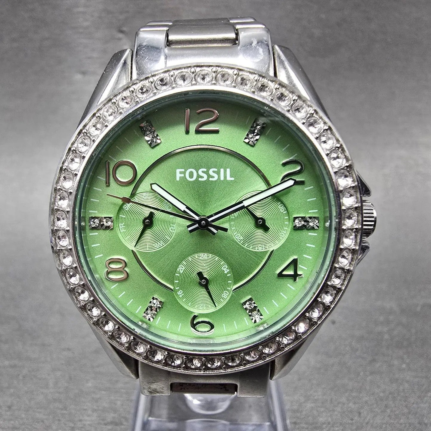 Fossil Watch Women 38mm Green Dial Silver Tone Daydate ES32725 New Battery0