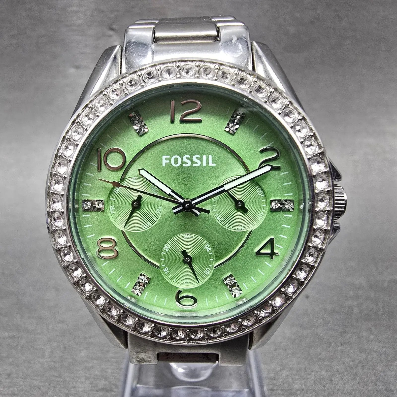 Fossil Watch Women 38mm Green Dial Silver Tone Daydate ES32725 New Battery0