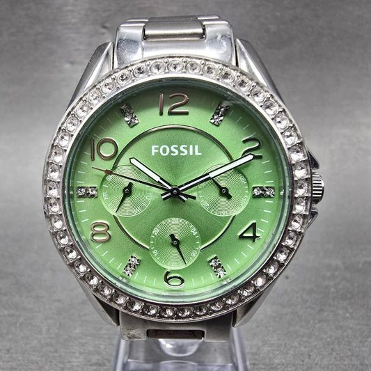 Fossil Watch Women 38mm Green Dial Silver Tone Daydate ES32725 New Battery0
