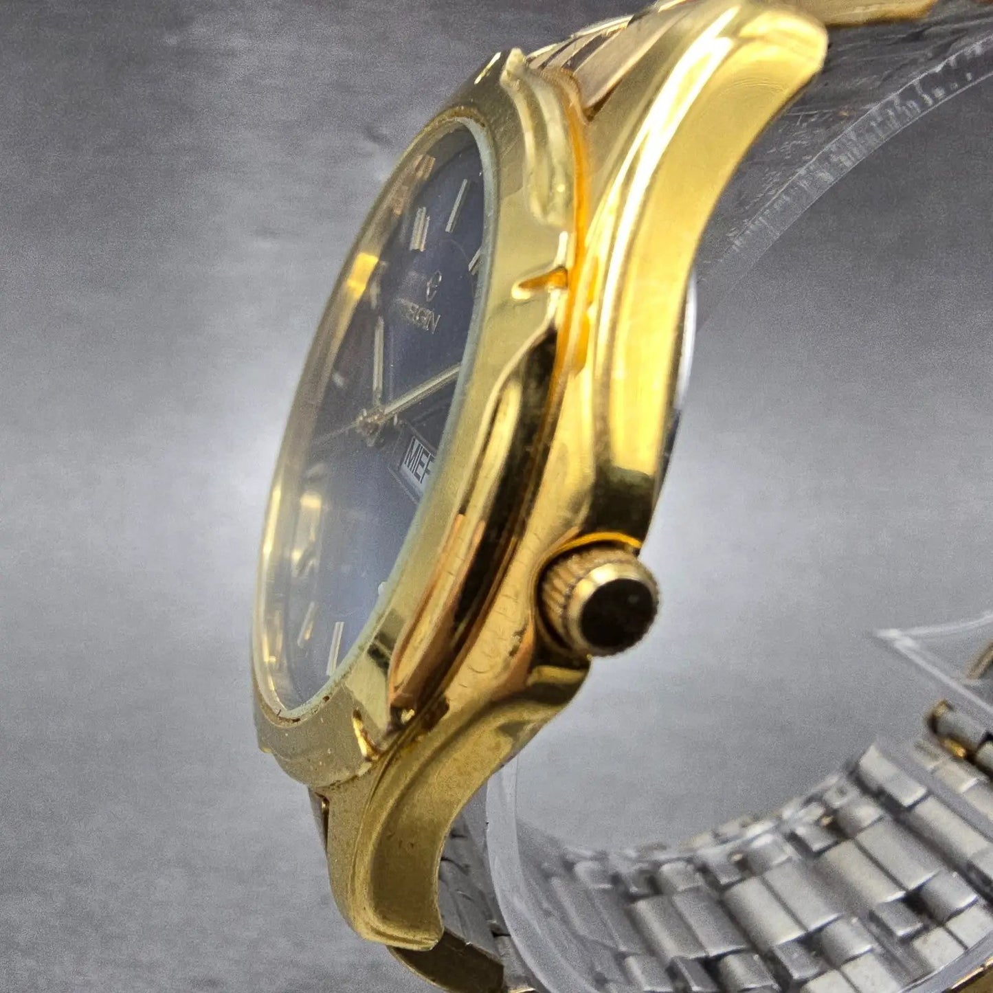 ELgin Watch Men 36mm Blue Dial Gold Tone Daydate Round FC336B New Battery2