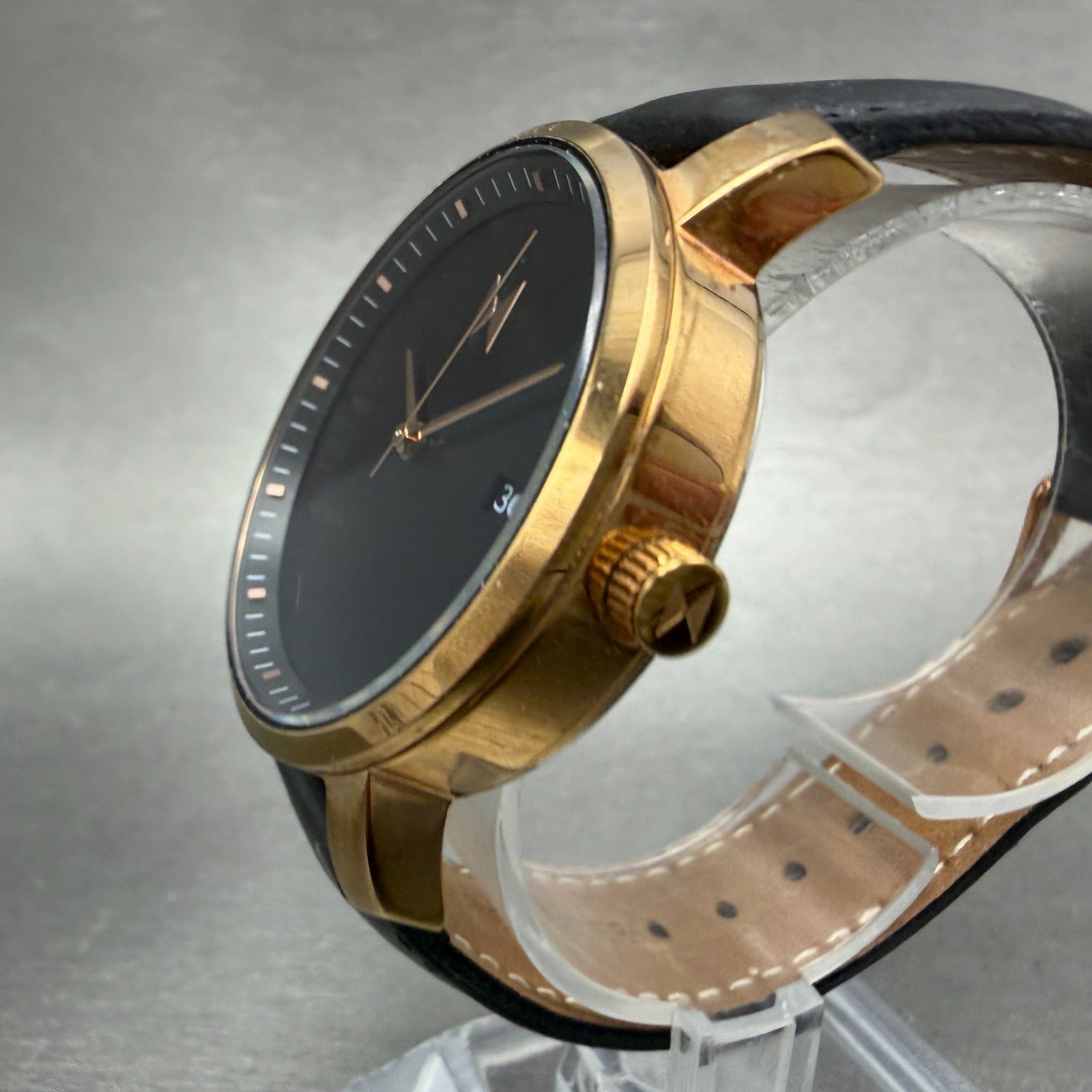 MVMT Boulevard Watch Women 38mm Black Dial Rose Gold Tone Date Leather New BattL2